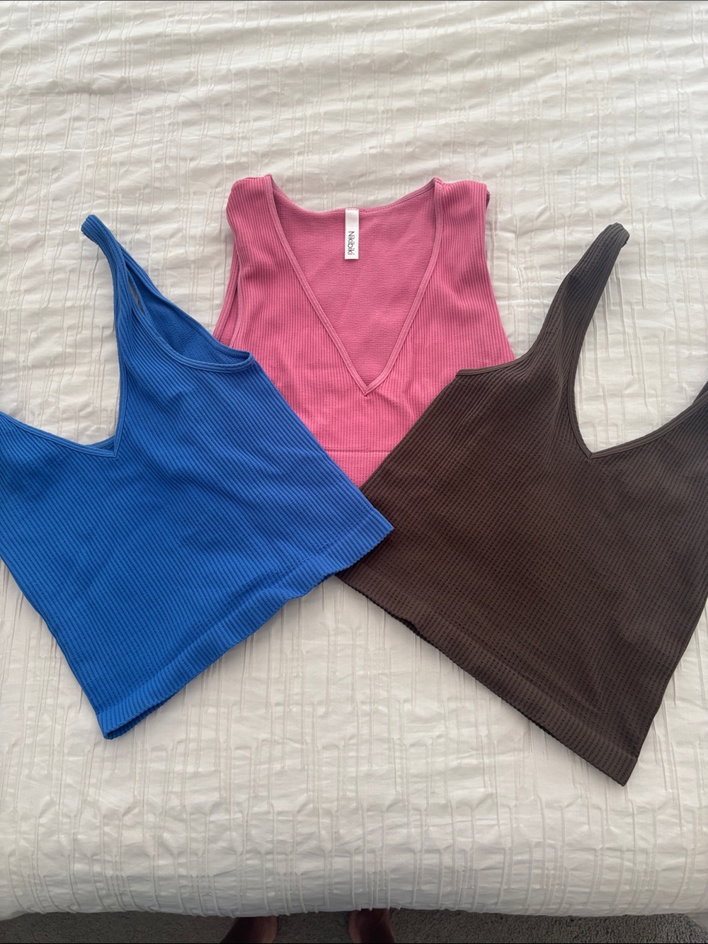 Nikibiki Ribbed V-Neck Tank Tops — Pink, Blue & Brown Trio